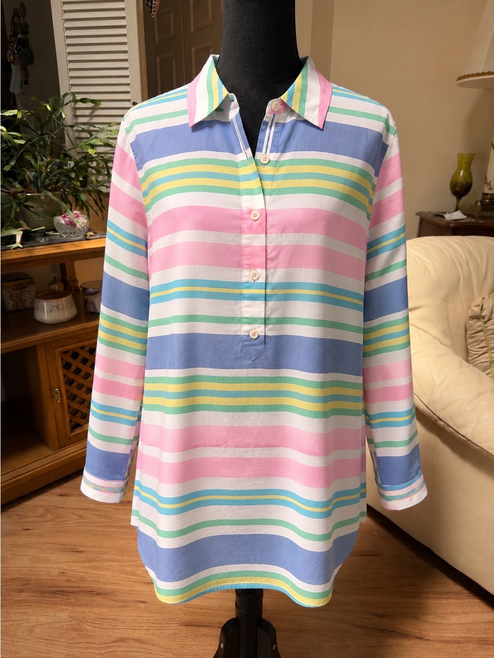 Talbots Striped Half Button-Front Cotton Shirt in Pastel multi, size 1X, NWT